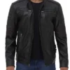 Trenton Black Leather Jacket With Red Stripes