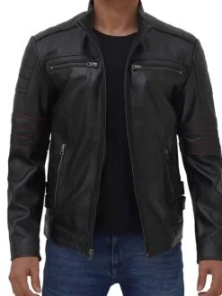 Trenton Black Leather Jacket With Red Stripes