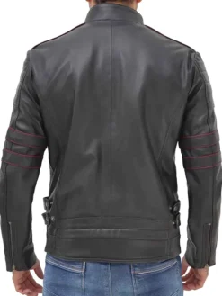 Trenton Black Leather Jacket With Red Stripes Back