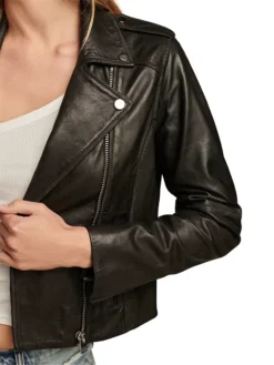 Womens Black Classic Leather Moto Jacket Inner