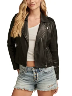 Womens Black Classic Leather Moto Jacket Main