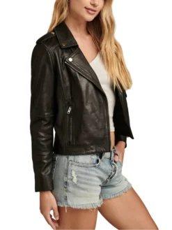 Womens Black Classic Leather Moto Jacket Side