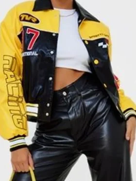 Yellow Faux Leather Motocross Racer Bomber Jacket