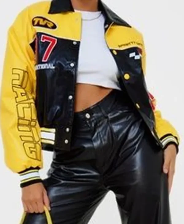 Yellow Faux Leather Motocross Racer Bomber Jacket
