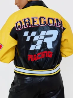 Yellow Faux Leather Motocross Racer Bomber Jacket Back