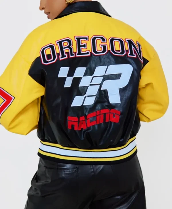Yellow Faux Leather Motocross Racer Bomber Jacket Back