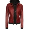 womens maroon leather bomber jacket Front
