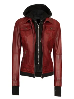 womens maroon leather bomber jacket Front