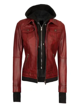 womens maroon leather bomber jacket Front