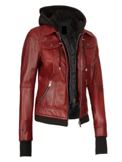 womens maroon leather bomber jacket Style