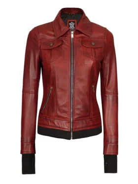 womens maroon leather bomber jacket Without Hood