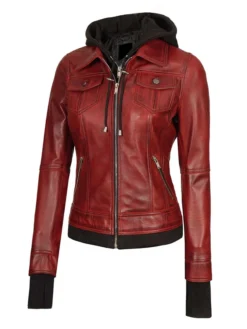 womens maroon leather bomber jacket Zipper