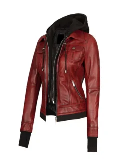 womens maroon leather bomber jacket side