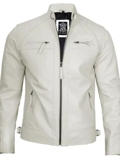 Mens White Leather Motorcycle Jacket