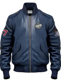 Stegaro Navy Blue Leather Bomber Jacket