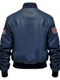 Stegaro Navy Blue Leather Bomber Jacket Back