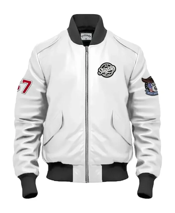 Stegaro White Leather Bomber Jacket