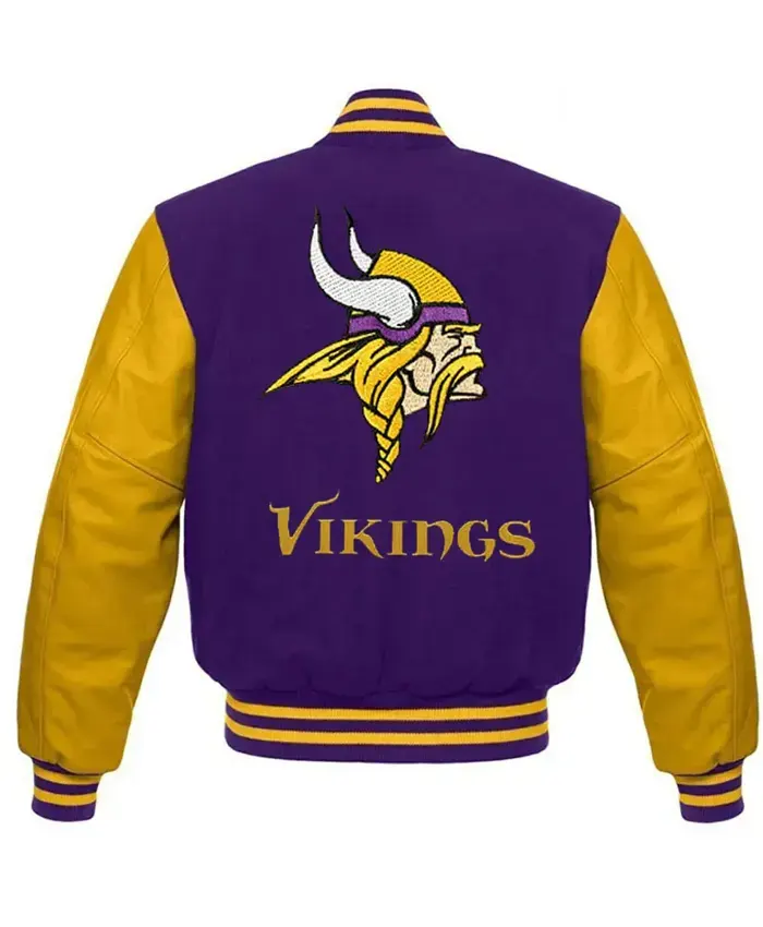 Alexandrine NFL Minnesota Vikings Purple And Yellow Varsity Bomber Jacket back view