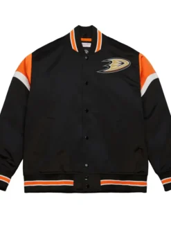 Anaheim Ducks Black Full Snap Satin Varsity Jacket 1