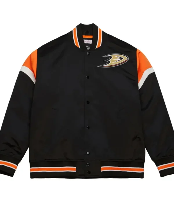 Anaheim Ducks Black Full Snap Satin Varsity Jacket 1