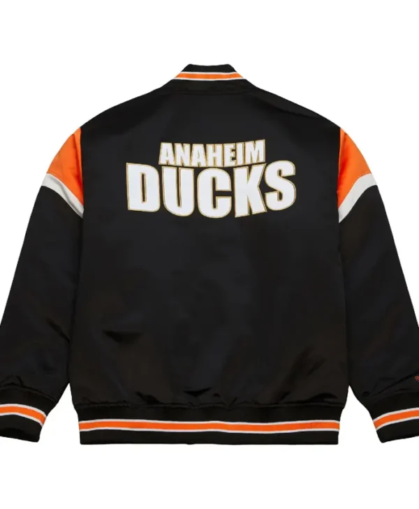 Anaheim Ducks Black Full Snap Satin Varsity Jacket Back 1