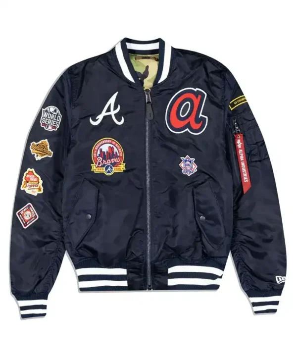 Atlanta Braves Ma 1 Navy Blue Satin Bomber Jacket