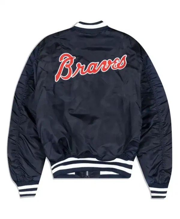 Atlanta Braves Ma 1 Navy Blue Satin Bomber Jacket Back