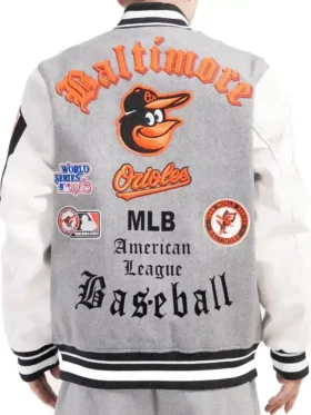 Baltimore Orioles Pro Standard Grey And White Varsity Jacket Back
