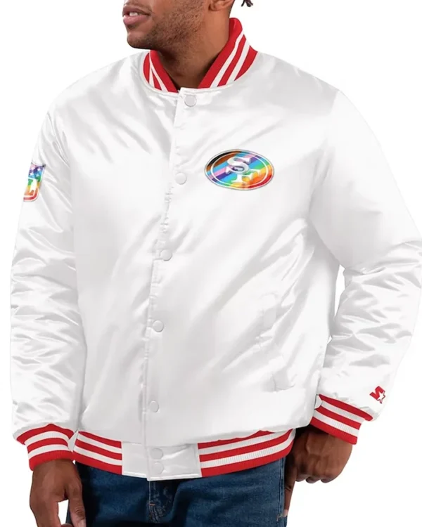 Bernadine San Francisco 49ers White Satin Varsity Jacket