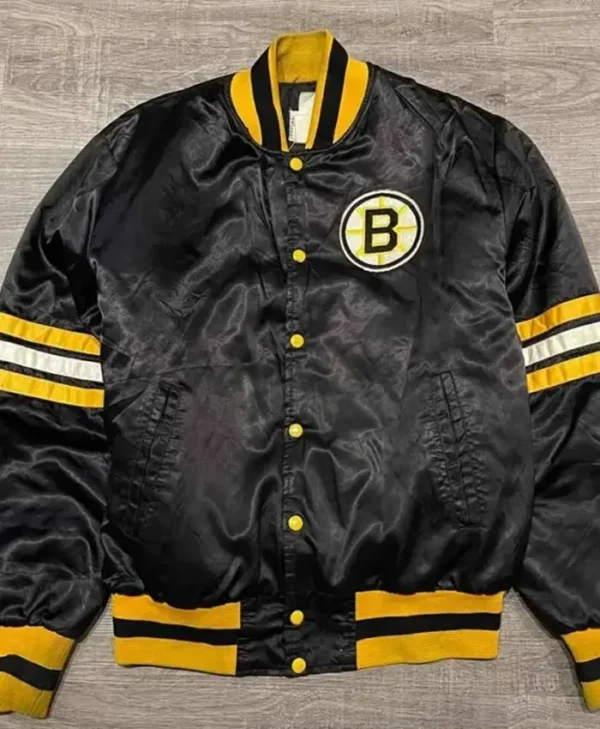 Boston Bruins 80s Black Letterman Satin Varsity Jacket
