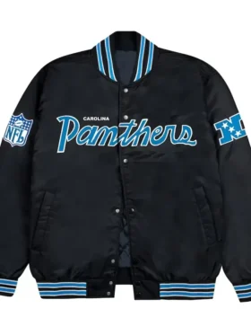 Carolina Panthers Blue Rib Bomber Black Satin Varsity Jacket