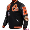 Close-up of MLB Baseball Team Baltimore Orioles Black Mashup Wool Varsity Bomber Jacket