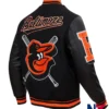 Close view of MLB Baseball Team Baltimore Orioles Mashup Black Wool Varsity Bomber Jacket