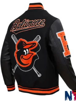 Close view of MLB Baseball Team Baltimore Orioles Mashup Black Wool Varsity Bomber Jacket