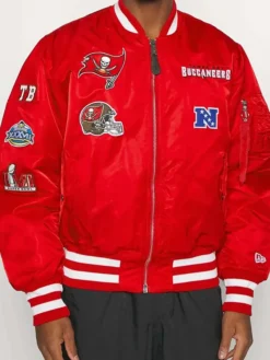 Close view of MLB Baseball Team Tampa Bay Rays Ma-1 Red Satin Bomber Jacket Sale