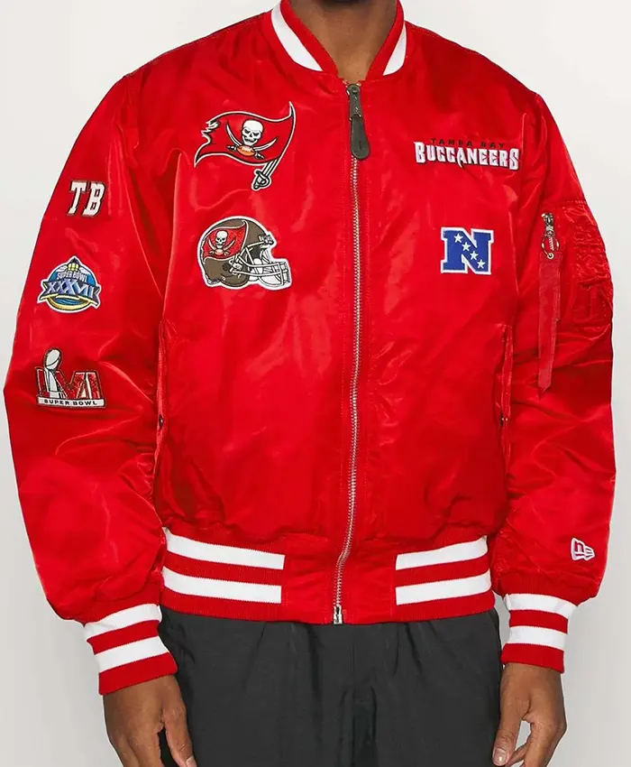Close view of MLB Baseball Team Tampa Bay Rays Ma-1 Red Satin Bomber Jacket Sale