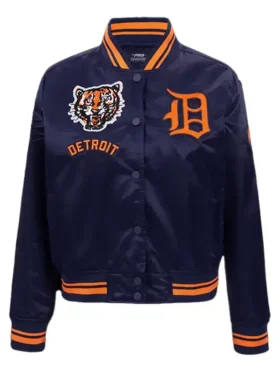 Detroit Tigers Retro Navy Blue Logo Satin Varsity Jacket