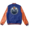 Edmonton Oilers Blue And Orange Wool Varsity Jacket Back