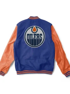 Edmonton Oilers Blue And Orange Wool Varsity Jacket Back