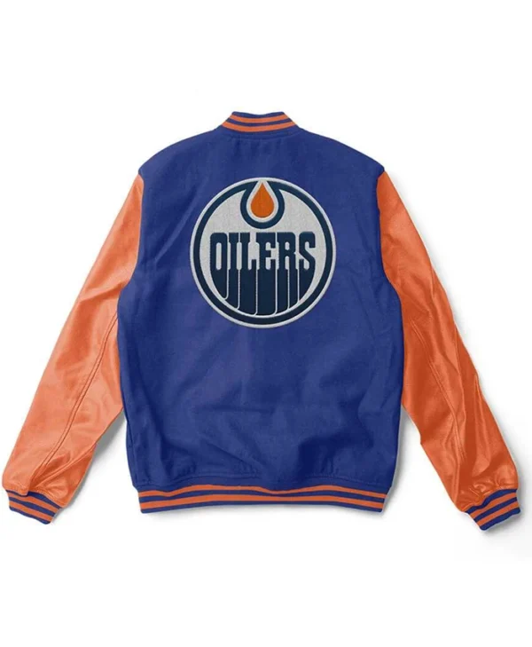 Edmonton Oilers Blue And Orange Wool Varsity Jacket Back