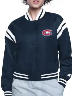Ellie Montreal Canadiens Printed Navy Varsity Satin Jacket