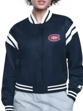 Ellie Montreal Canadiens Printed Navy Varsity Satin Jacket