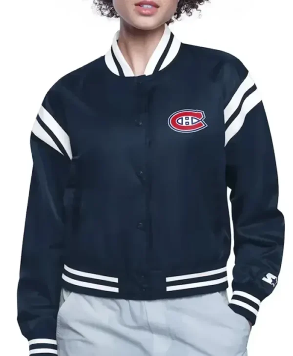 Ellie Montreal Canadiens Printed Navy Varsity Satin Jacket