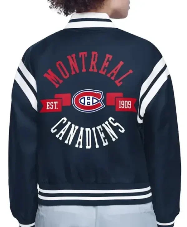 Ellie Montreal Canadiens Printed Navy Varsity Satin Jacket Back