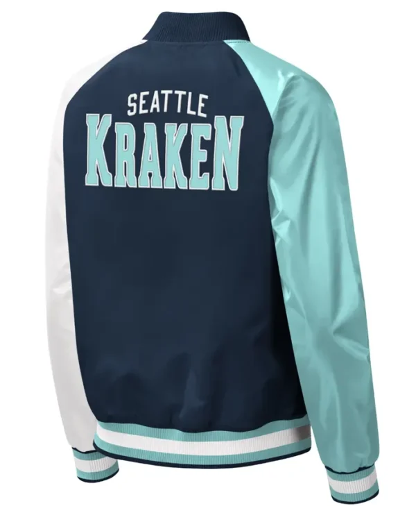 Greenfelder Seattle Kraken Full Snap Satin Varsity Jacket Back