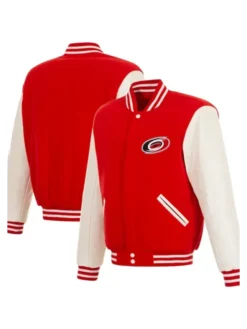 Hurricanes Red And White Wool Snap Letterman Varsity Jacket