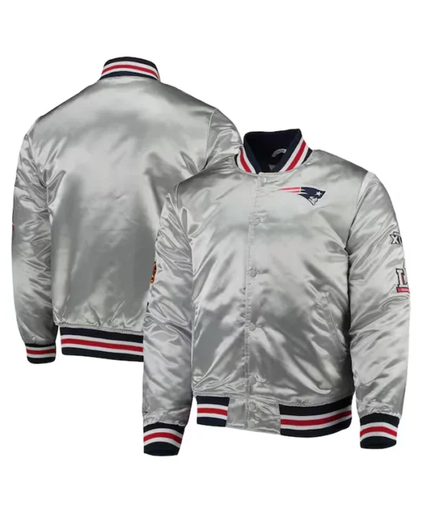 Jacques New England Patriots Silver Satin Varsity Jacket