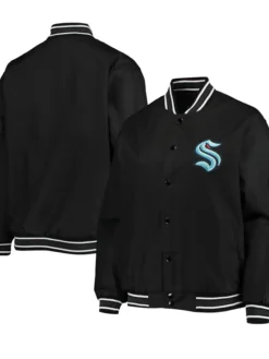 Kraken Black Satin Full Snap Varsity Jacket