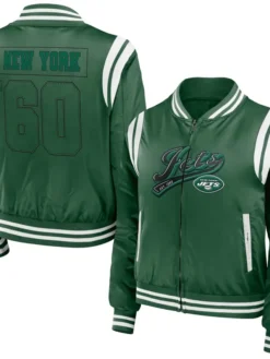 Krystina New York Jets Green Satin Bomber Jacket