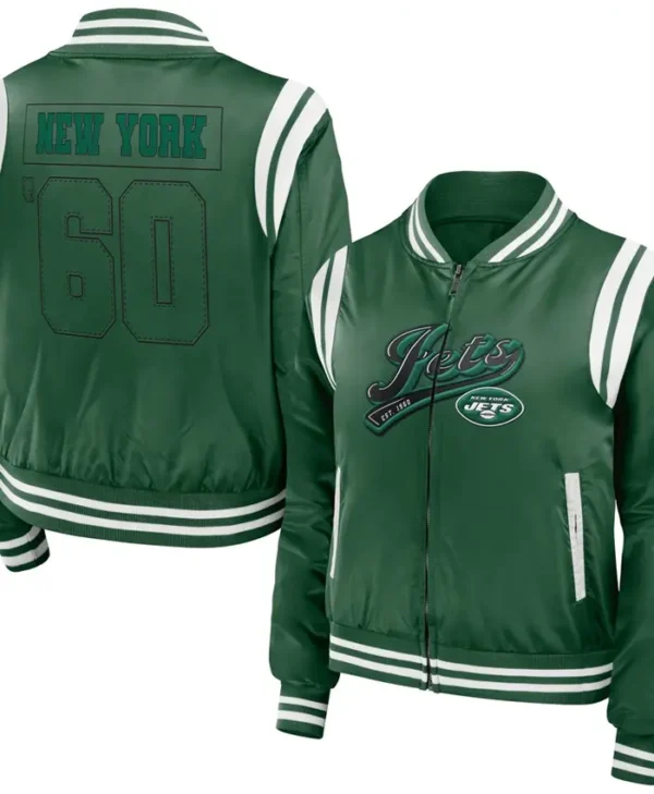 Krystina New York Jets Green Satin Bomber Jacket